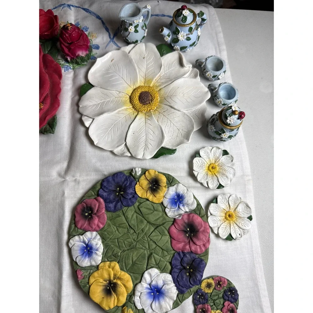 4 Miniature Floral Tea Sets Rose Daisy Butterfly Pansy Garden Decor Lot